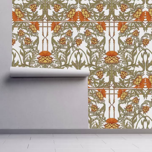 Art Deco Wallpaper, Art Nouveau Wallpaper, Orange Floral Wallpaper, Antique Wallpaper, Peel and Stick Wallpaper, Fabric Wallpaper