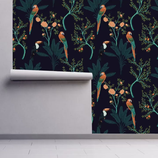 Tropical Wallpaper, Dark Wallpaper, Parrot Wallpaper, Maximalist Decor, Bird Wallpaper, Peel and Stick Wallpaper, Fabric Wallpaper