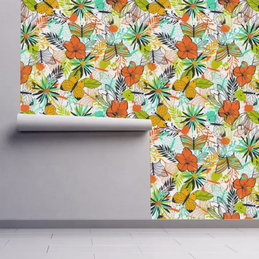 Tropical Wallpaper, Retro Wallpaper, Vintage Butterfly Garden Wallpaper, Mid Century Modern Wallpaper, Fabric Peel & Stick Wallpaper