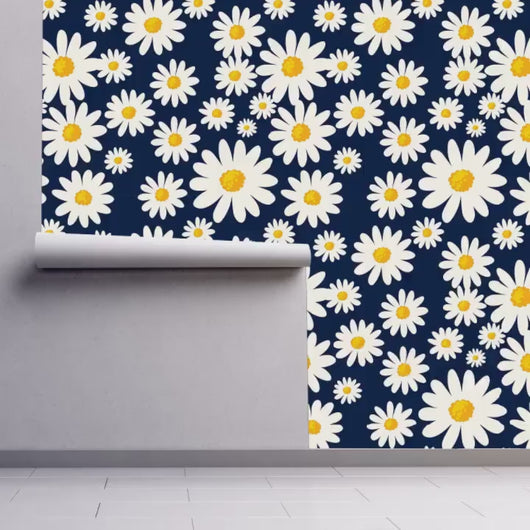 Daisy Wallpaper, Cottage Wallpaper, Blue and Yellow Wallpaper, Flower Wallpaper, Peel and Stick Wallpaper, Fabric Wallpaper