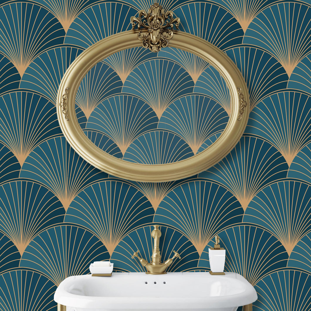 Art Deco Art Nouveau blue and gold peel and stick wallpaper