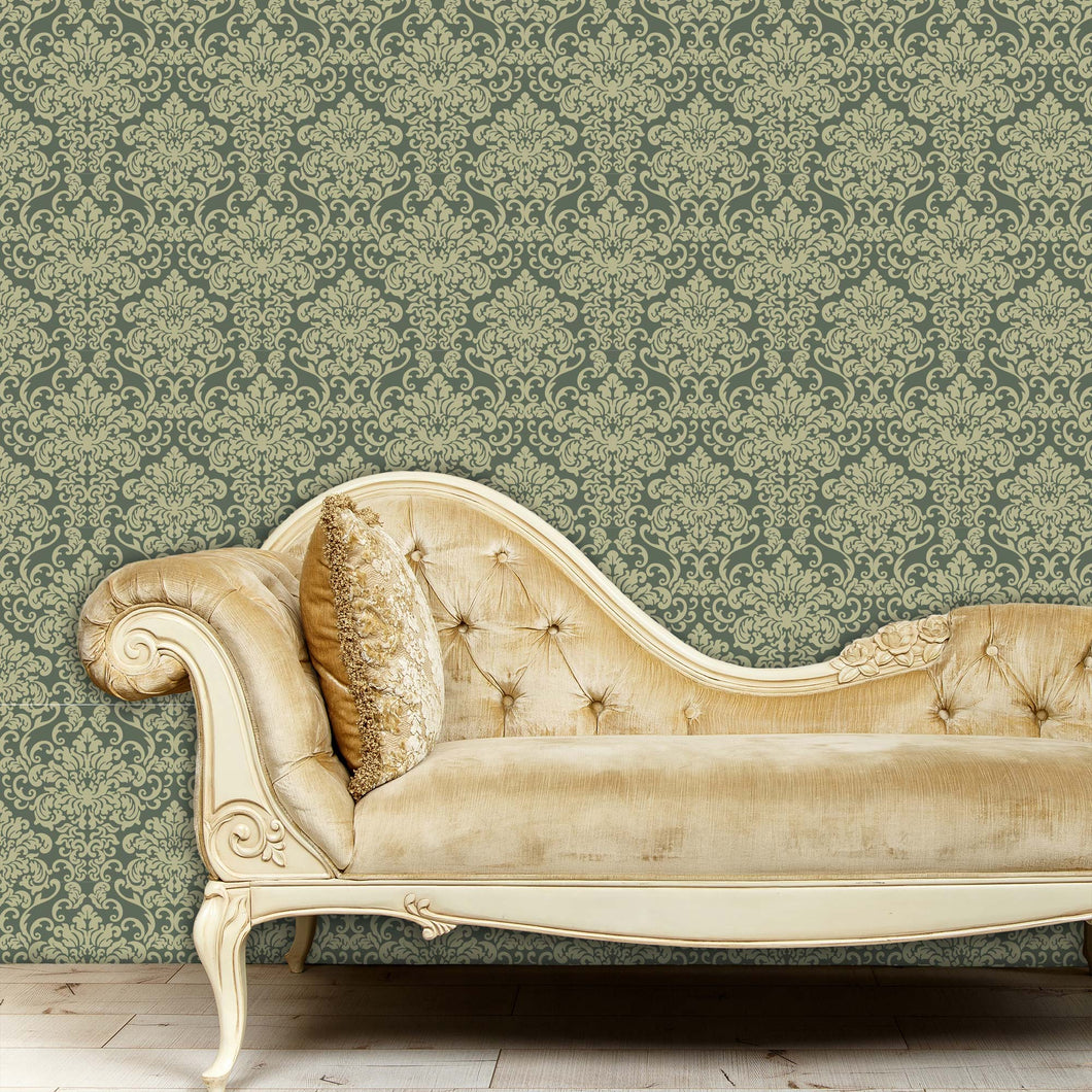 Victorian grey damask fabric peel and stick wallpaper