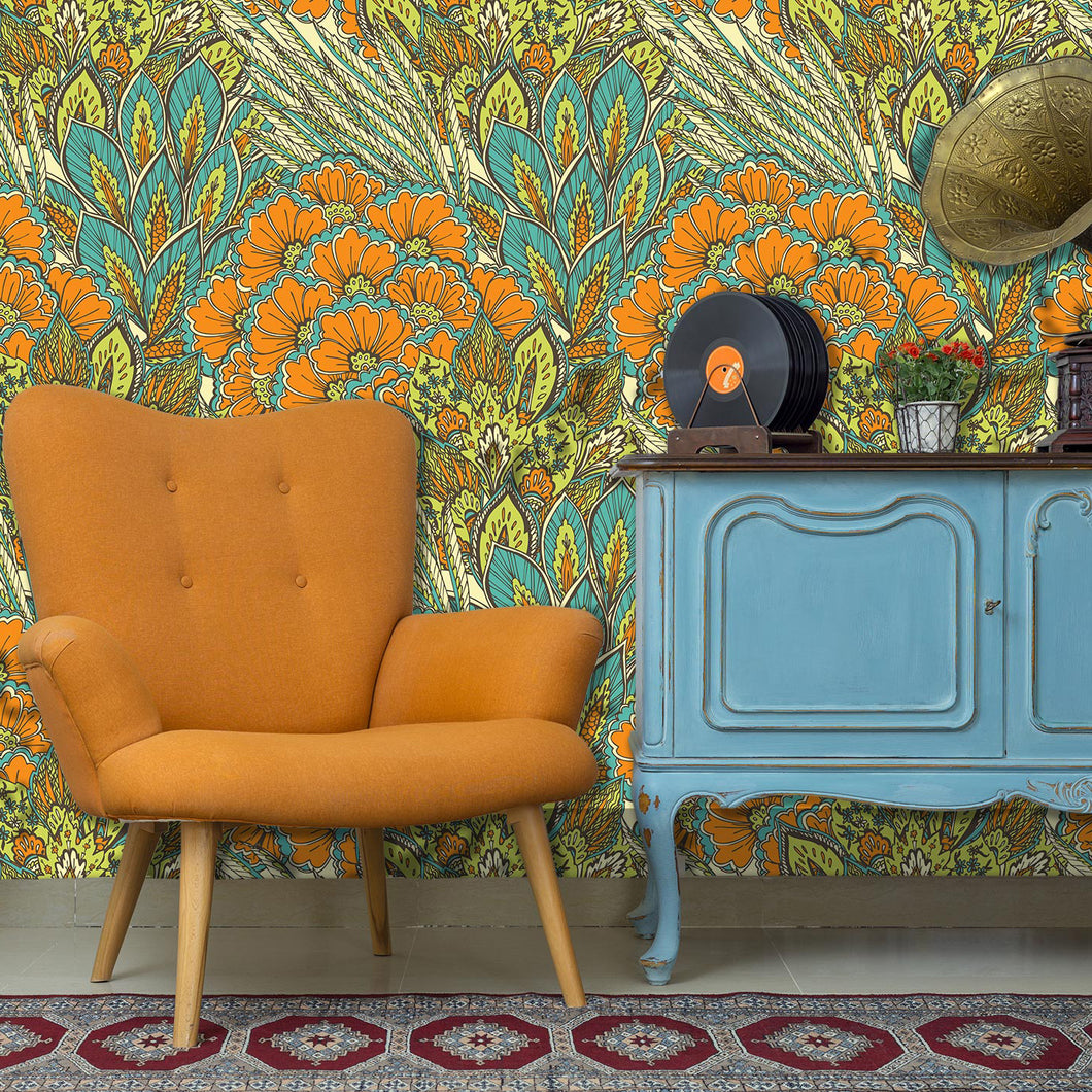 Art Nouveau antique blue and orange fabric peel and stick wallpaper