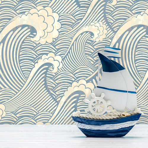 Ocean waves blue nautical fabric peel and stick wallpaper