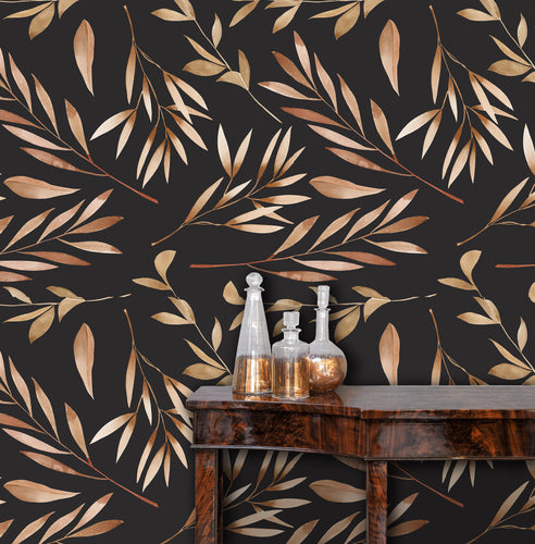 Black and gold leaves peel and stick wallpaper