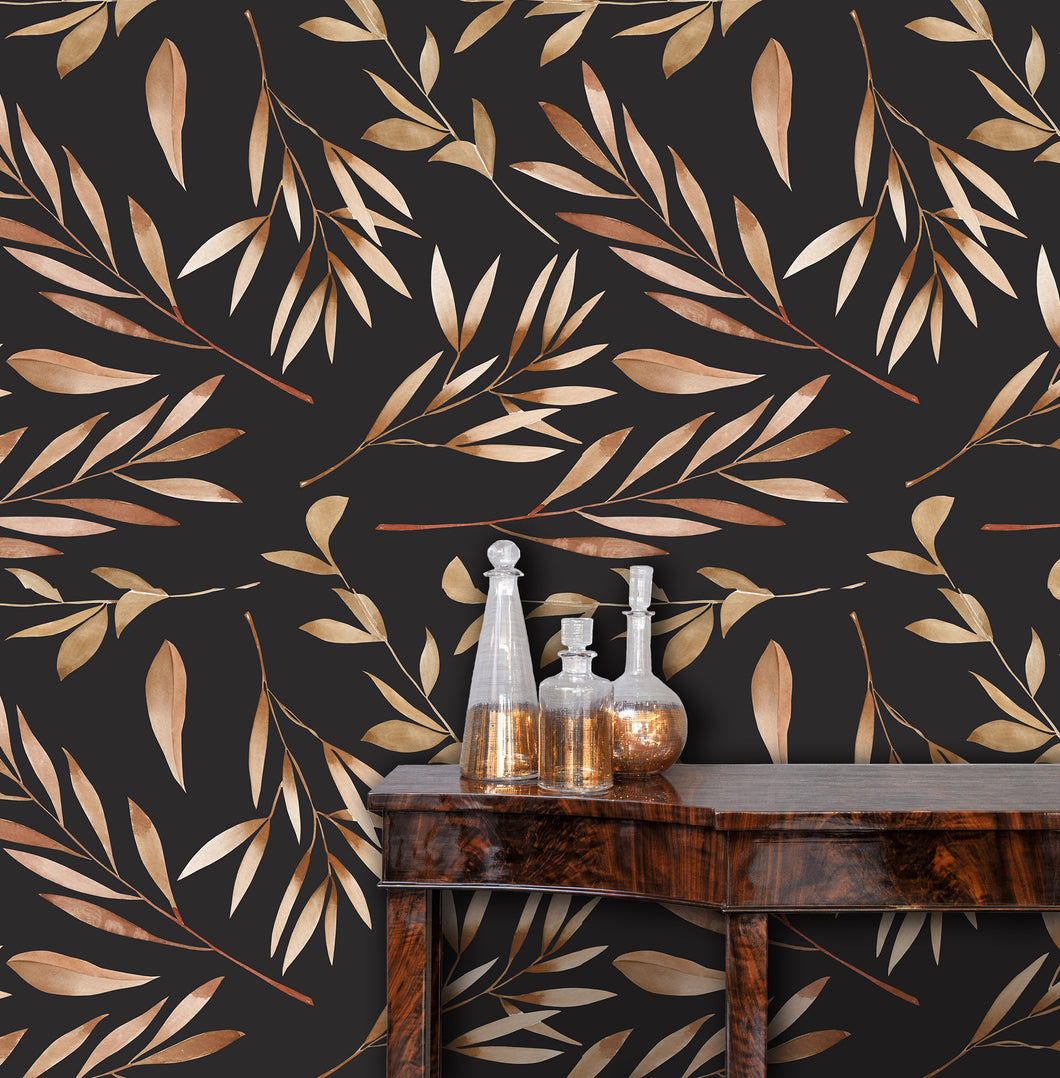 Black and gold leaves peel and stick wallpaper