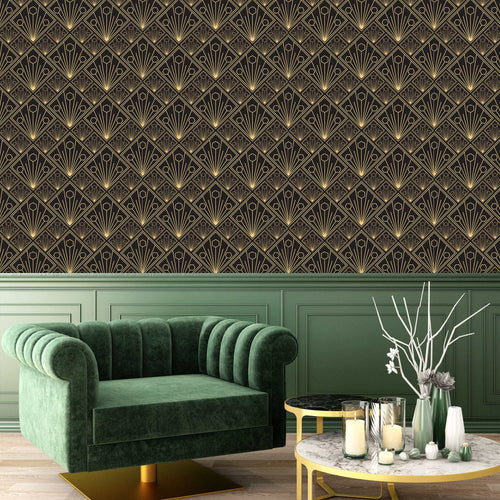 Black and gold geometric Art Deco fabric peel and stick wallpaper