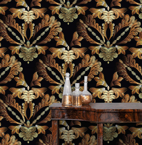Victorian baroque black and gold fabric peel and stick wallpaper
