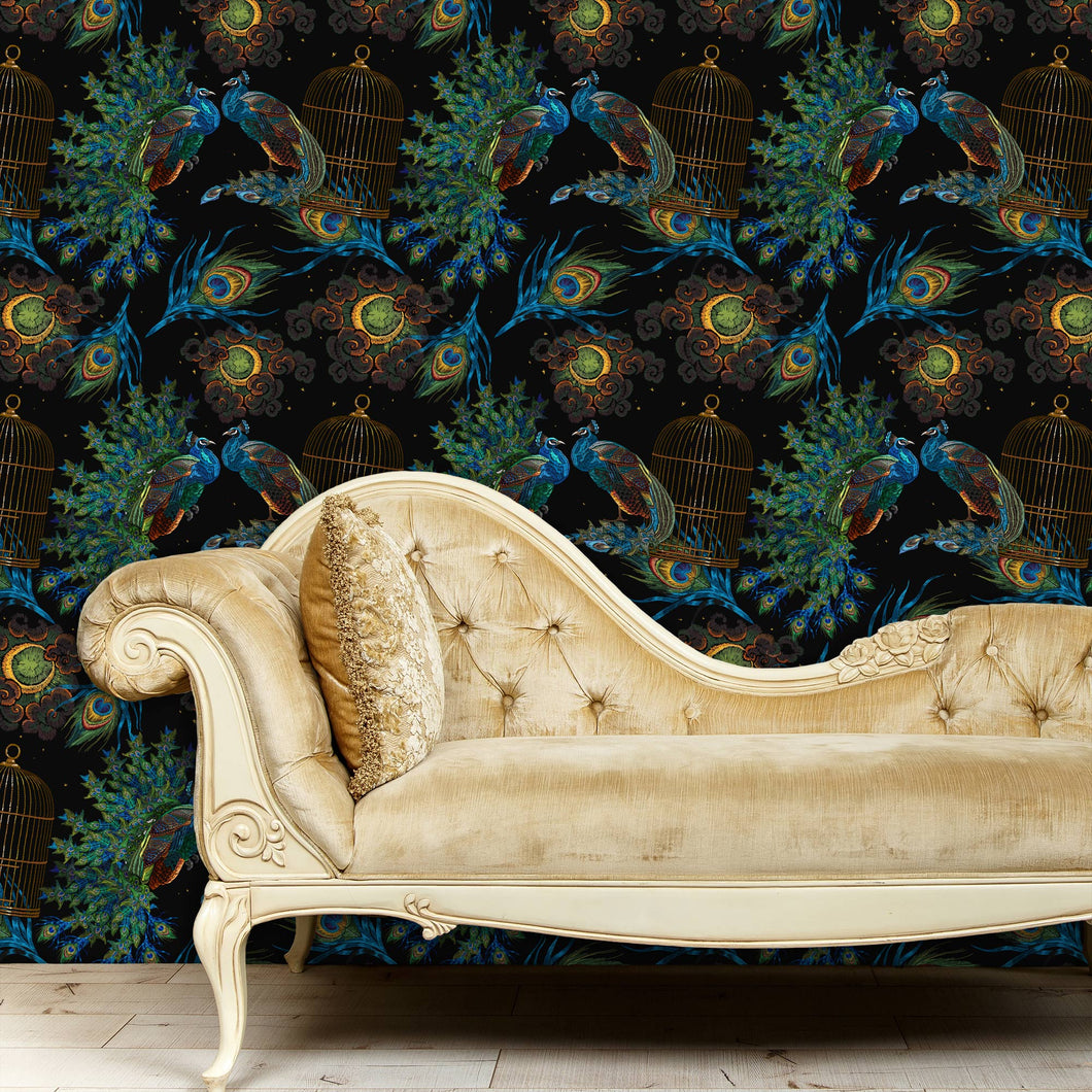 Black and blue peacock celestial mystical fabric peel and stick wallpaper