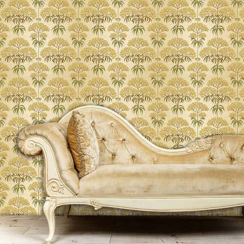 Retro floral neutral fabric peel and stick wallpaper in room with gold sofa