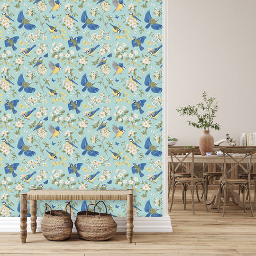 Blue bird Chinoiserie fabric peel and stick wallpaper