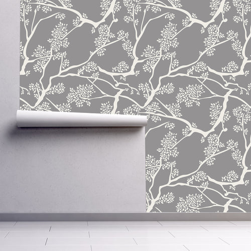 Grey botanical Asian chinoiserie fabric peel and stick wallpaper