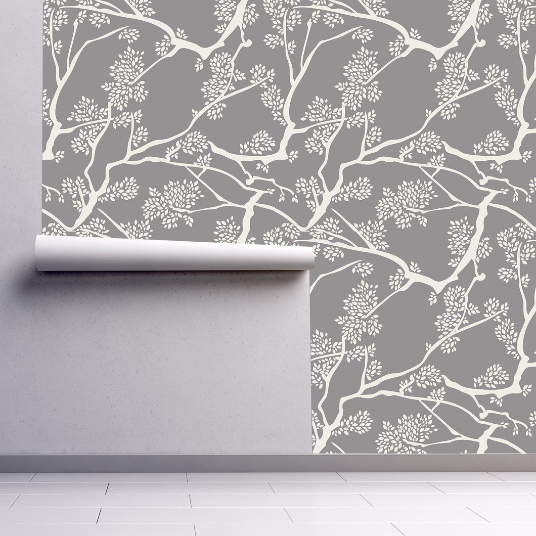 Grey botanical Asian chinoiserie fabric peel and stick wallpaper