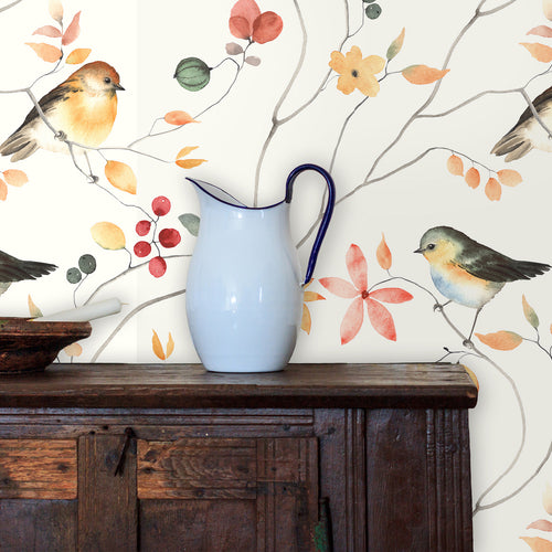 Farmhouse cottage birds in garden botanical fabric peel and stick wallpaper