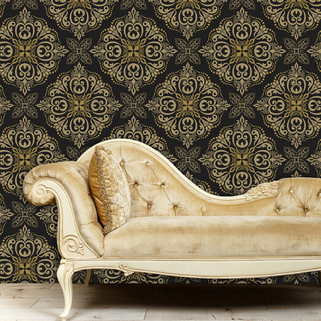 Art Deco Victorian black and gold damask peel and stick wallpaper