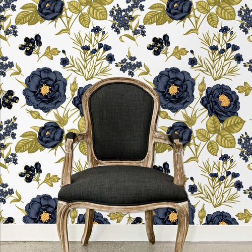Victorian blue and gold floral peel and stick wallpaper
