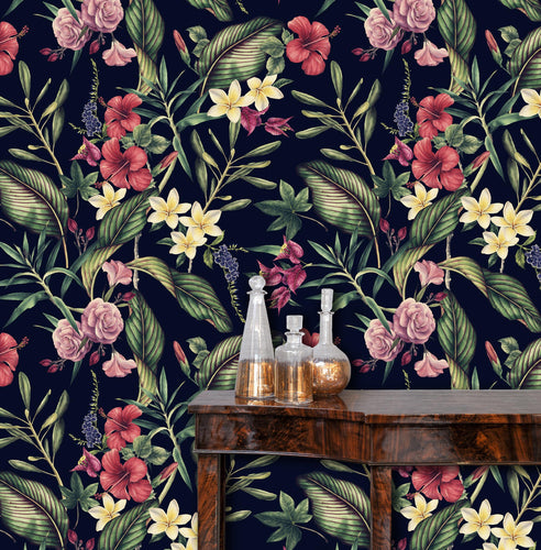 Antique Chinoiserie botanical dark floral peel and stick wallpaper