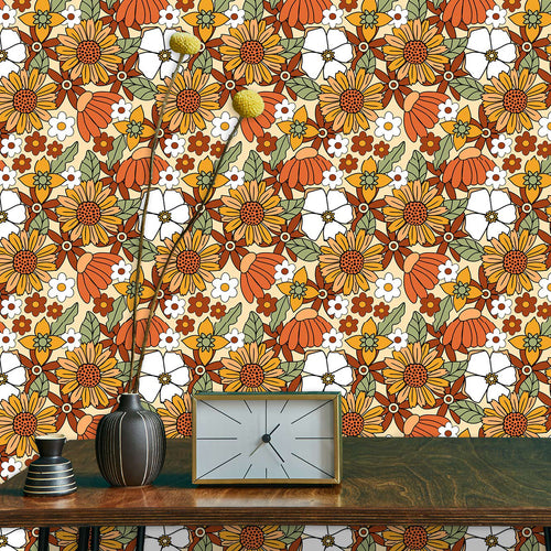 Vintage retro Mid-century modern floral fabric peel and stick wallpaper