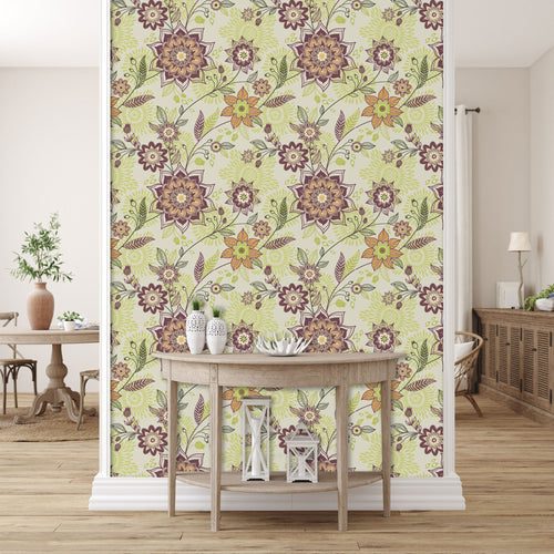 Whimsical purple floral fabric peel and stick wallpaper