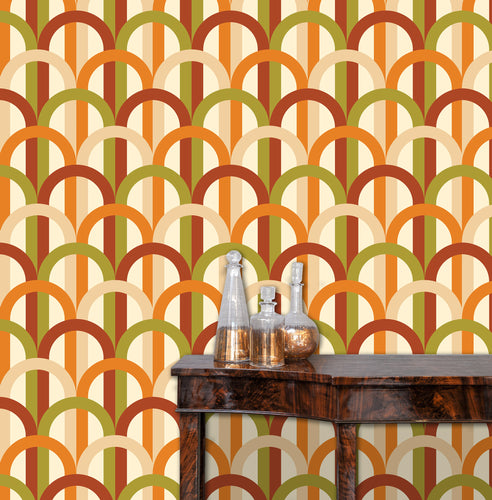 Retro vintage Mid-century Modern geometric orange and green peel and stick wallpaper
