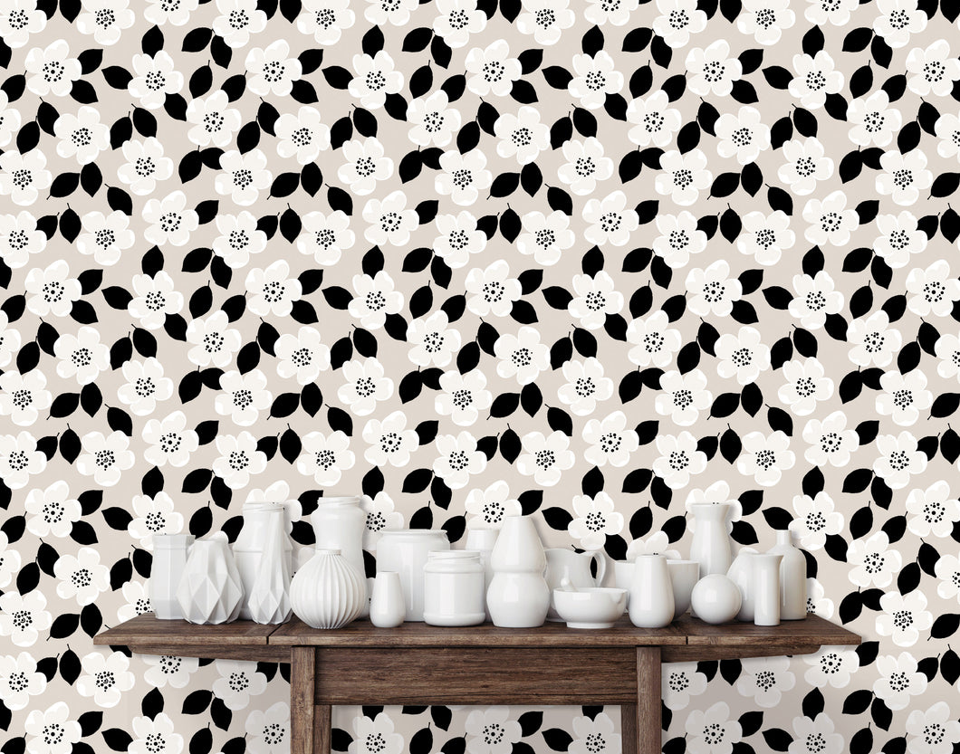 Black, white and grey floral peel and stick wallpaper