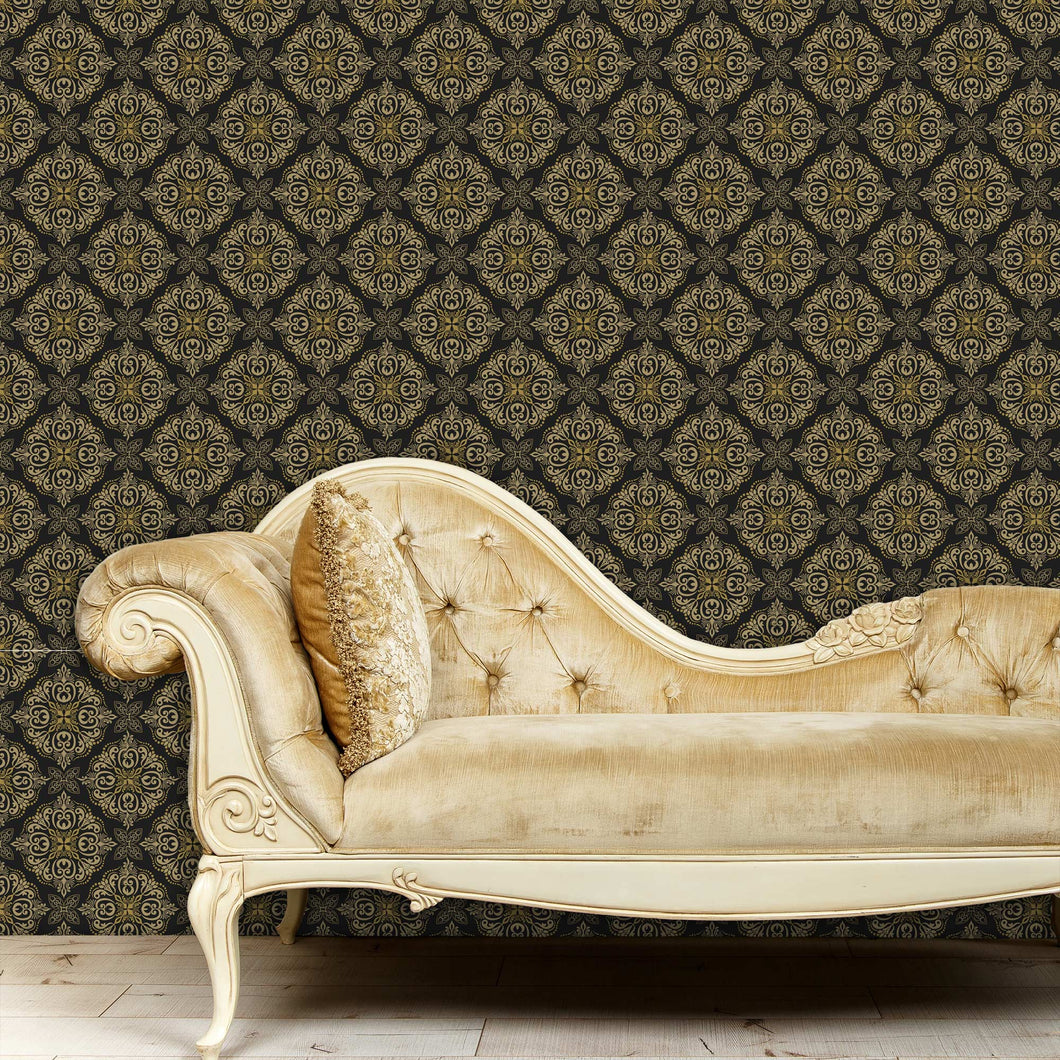 Art Deco Victorian black and gold damask peel and stick wallpaper