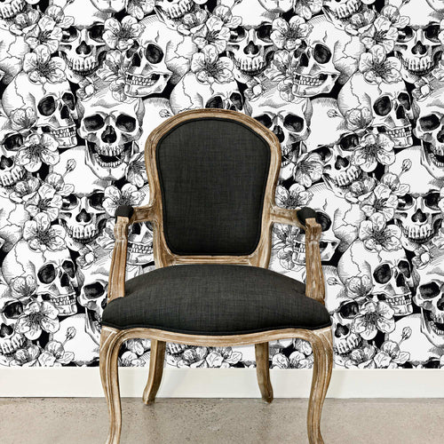 Gothic skull with flowers black and white peel and stick wallpaper