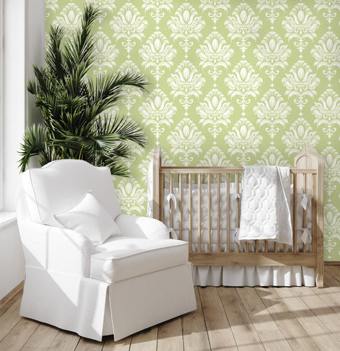 Green Victorian damask peel and stick wallpaper