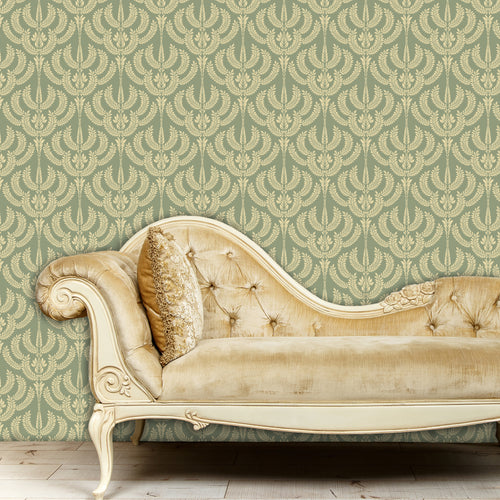 Victorian antique green damask fabric peel and stick wallpaper