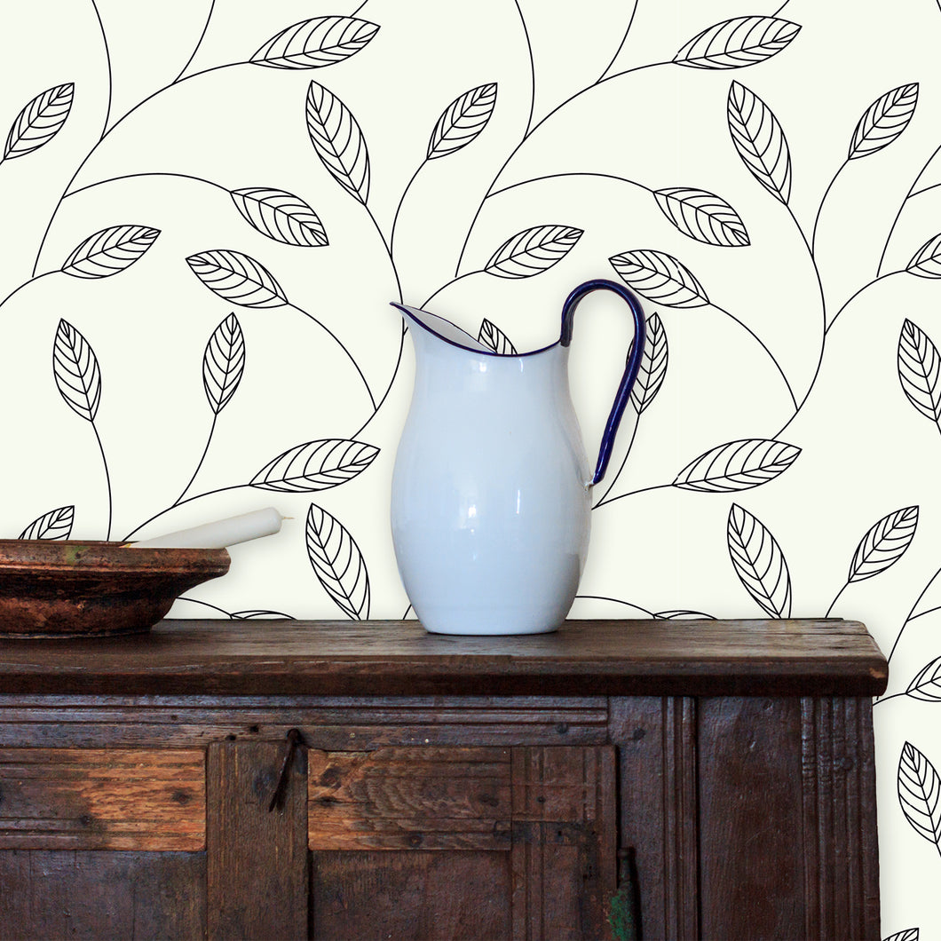 Grey botanical leaves fabric peel and stick wallpaper