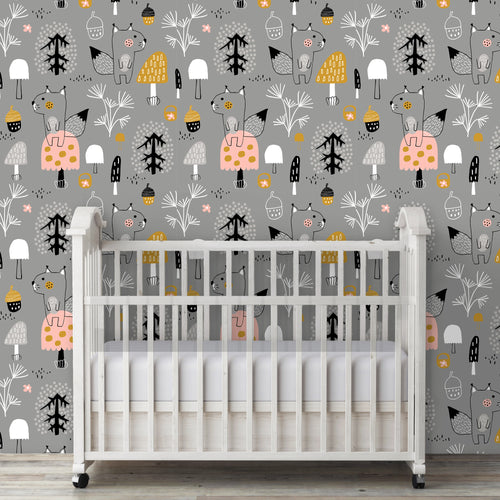 Grey woodland animals fabric peel and stick wallpaper in nursery with crib