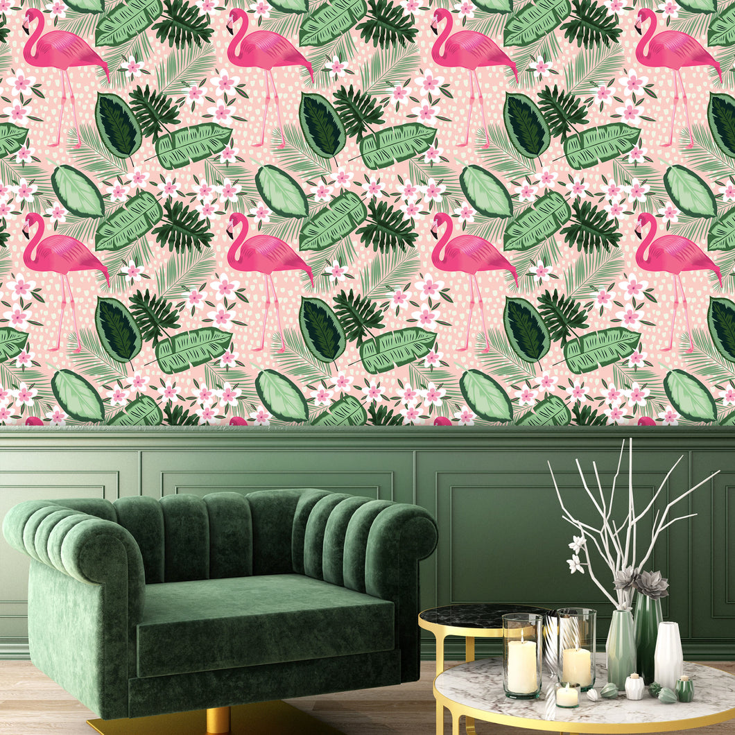 Tropical palm leaves and flamingo fabric peel and stick wallpaper