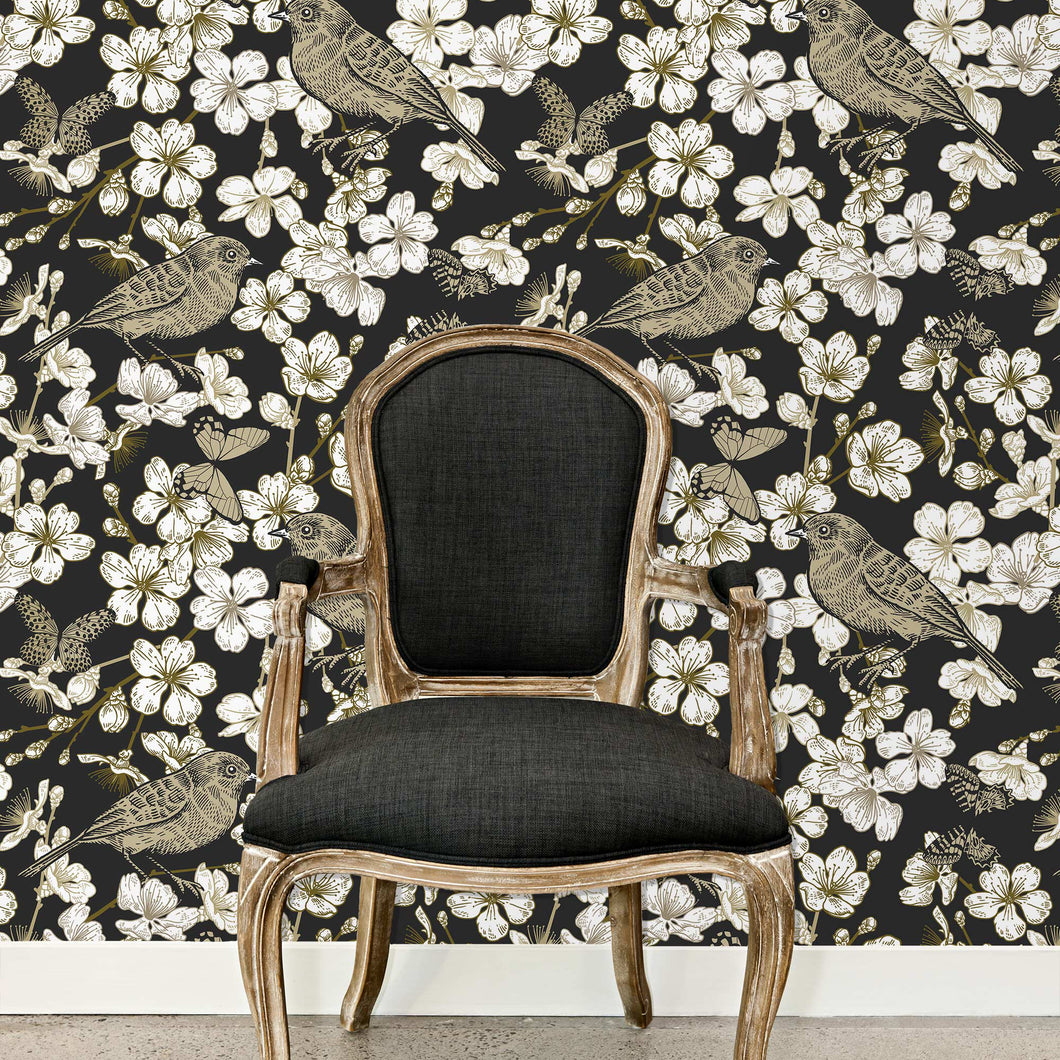 Dark floral Chinoiserie Peel and Stick Wallpaper