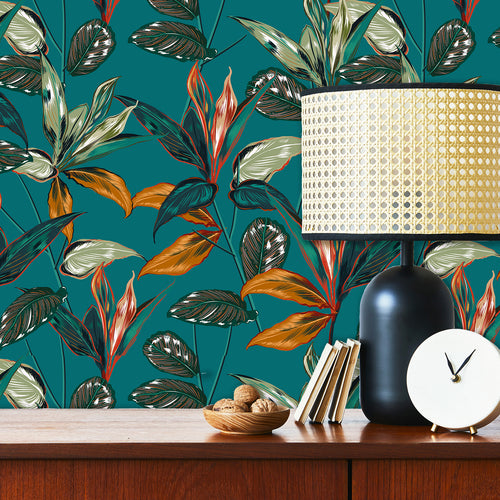 Blue tropical coastal botanical fabric peel and stick wallpaper