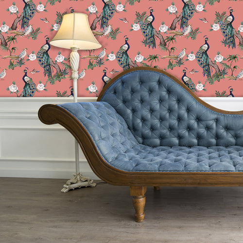 Peacock Chinoiserie pink Victorian fabric blend peel and stick wallpaper