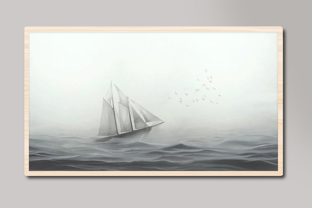 Black and White Sailboat in Misty Sea Samsung Frame TV Digital Art