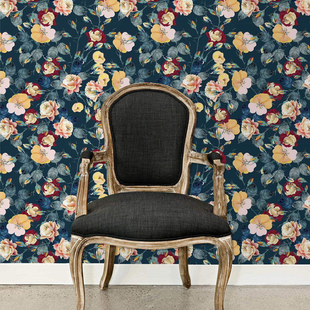 Blue Victorian antique dark floral peel and stick wallpaper