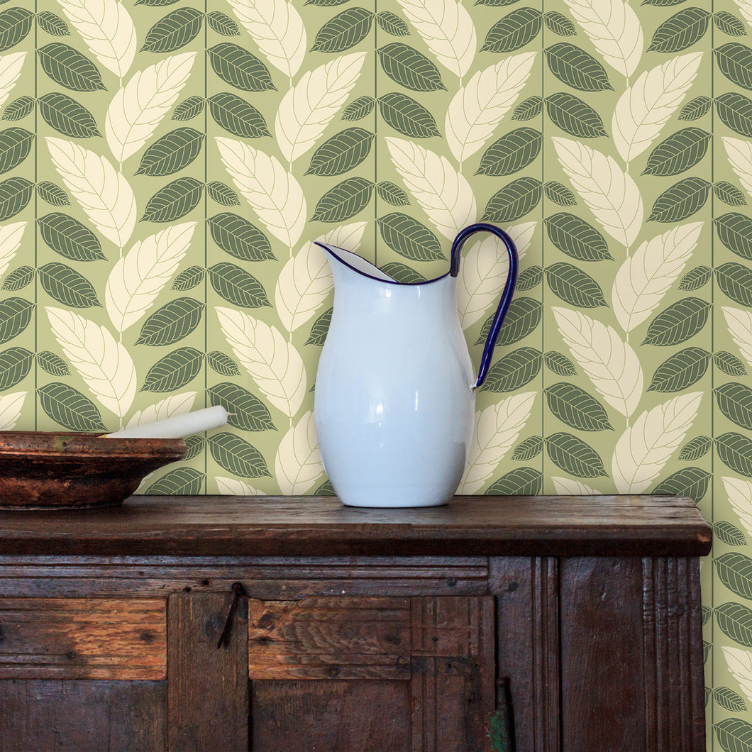 Green botanical peel and stick wallpaper
