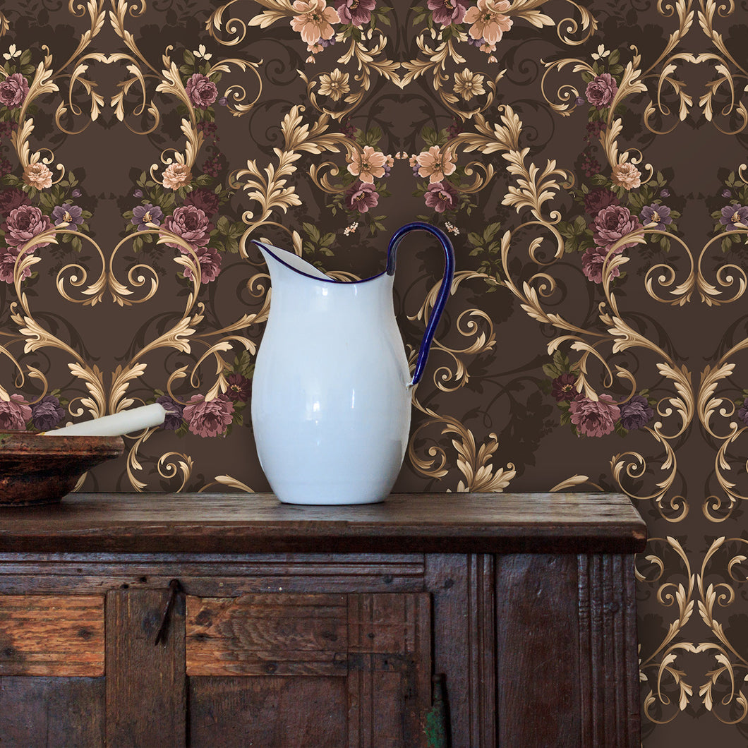 Victorian baroque floral ornate peel and stick wallpaper with cabinet and pouring pitcher