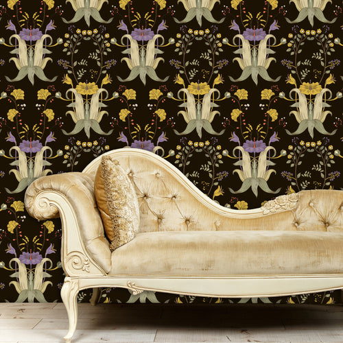 Black and purple Victorian Chinoiserie dark floral fabric peel and stick wallpaper