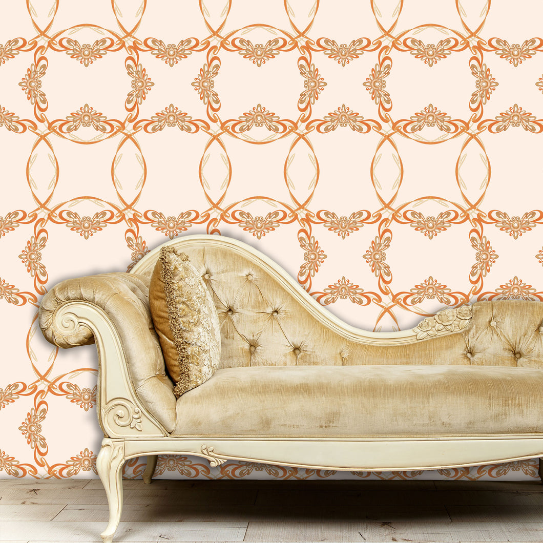 Antique Art Nouveau fabric peel and stick wallpaper in room with gold sofa