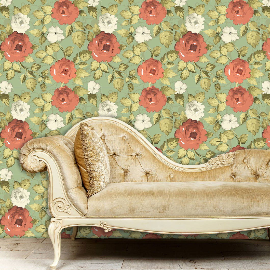 Antique pink and green floral fabric peel and stick wallpaper in room with velvet sofa