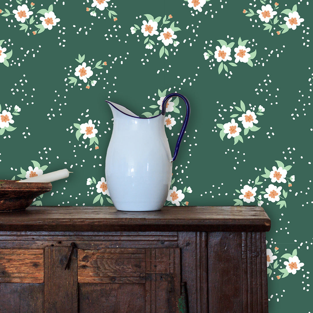 Green antique cottage floral fabric peel and stick wallpaper