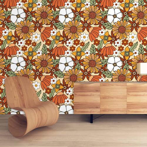 Mid-century modern vintage floral orange peel and stick wallpaper