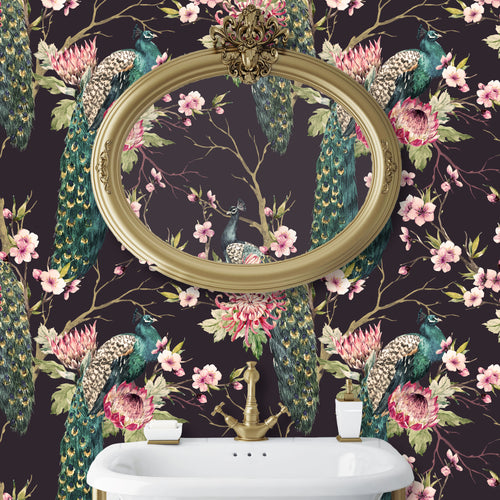Pink and dark black Victorian Chinoiseries Peacock floral botanical peel and stick wallpaper.