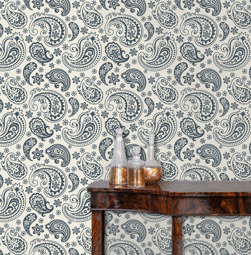 Blue and white boho paisley peel and stick wallpaper.