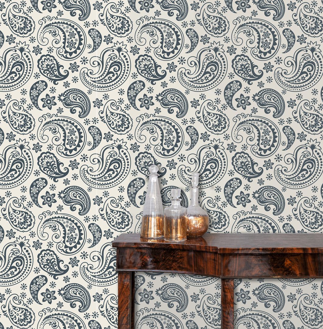 Blue and white boho paisley peel and stick wallpaper.