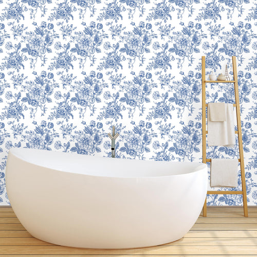 Blue Victorian toile floral peel and stick wallpaper