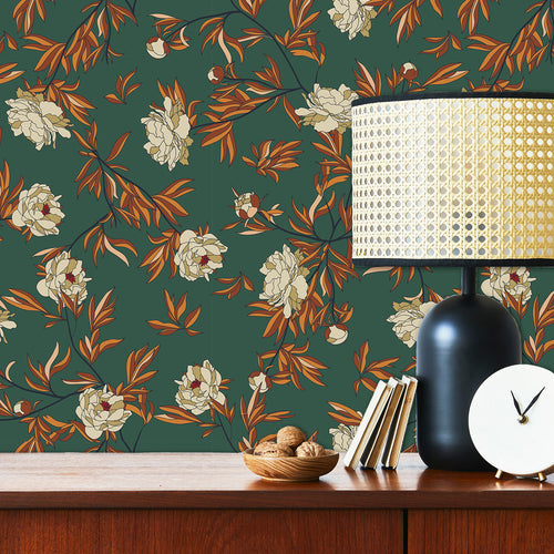 Green and orange Victorian floral peel and stick wallpaper