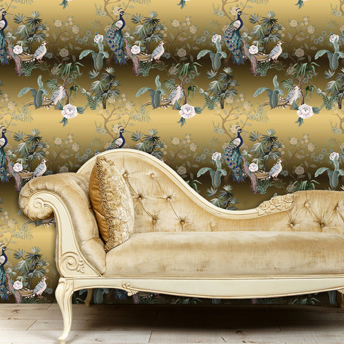 Victorian gold peacock Chinoiseries peel and stick wallpaper